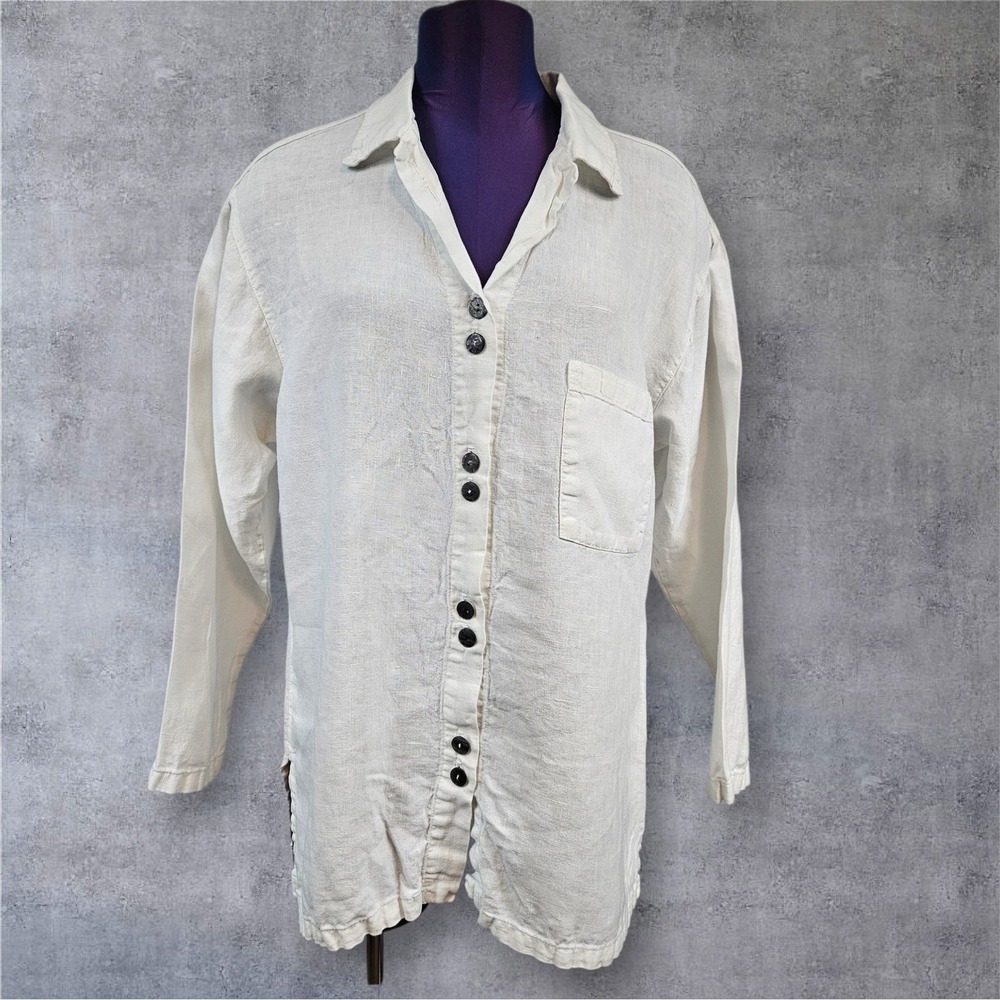 Click by Color Me Cotton 100% Linen White Button Down Shirt Lagenlook Small C33